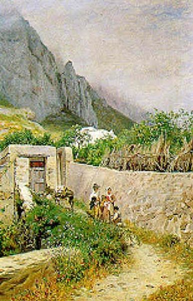 Paesaggio Caprese Con Contadini Oil Painting by Alceste Campriani
