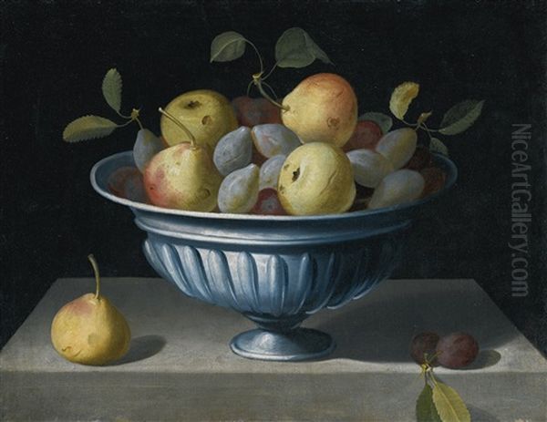 Still Life With Pears And Plums In A Vase, On A Stone Ledge Oil Painting by Pedro de Camprobin