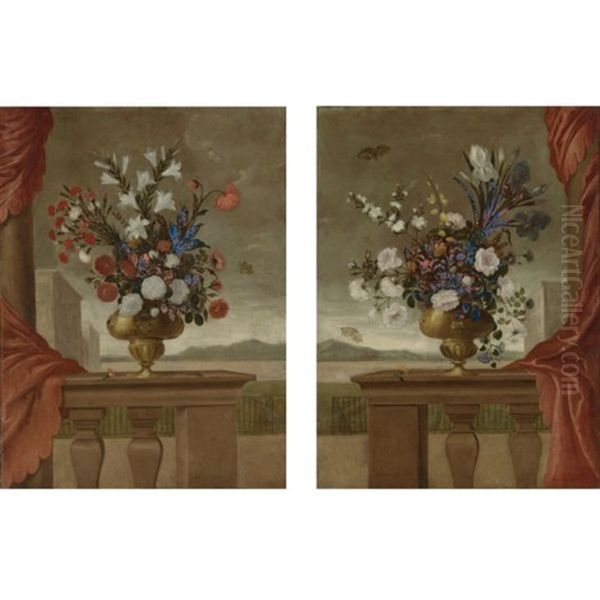 Still Lifes Of Lilies, Roses, Irises, Morning Glory And Carnations, Arranged In Gilt Vases, Upon A Stone Balustrade Draped With A Red Curtain, Surrounded By Butterflies, With A View Overlooking The Grounds Of A Palace (pair) Oil Painting by Pedro de Camprobin