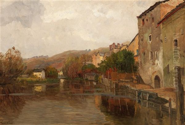 River Landscape With Houses Oil Painting by Gilbert Von Canal