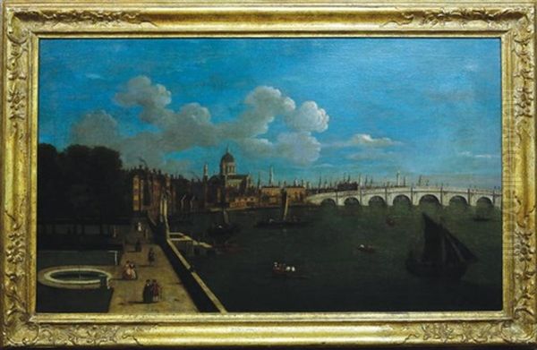 London, A View Of The Thames From The Terrace Of Somerset House, Looking Towards Saint Paul's Cathedral And Westminster Bridge Oil Painting by (Giovanni Antonio Canal) Canaletto