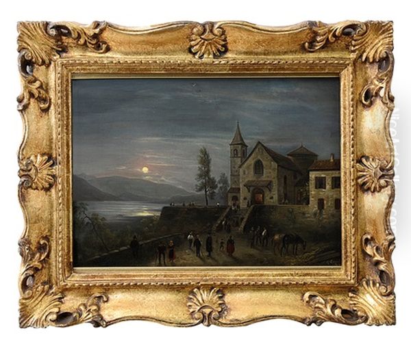 Termine Della Funzione Serale (paesaggio Con Plenilunio) Oil Painting by Giuseppe Canella