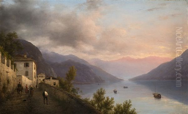 Veduta Del Lago Di Como Preso Da Griante Oil Painting by Giuseppe Canella