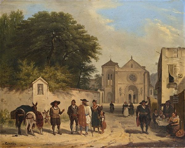 Scorcio Di Paese Con Figure Oil Painting by Giuseppe Canella