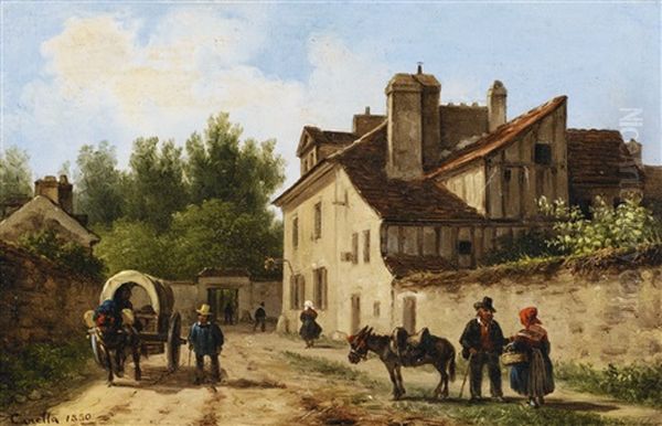 Village Street In The Suburbs Of Paris Oil Painting by Giuseppe Canella