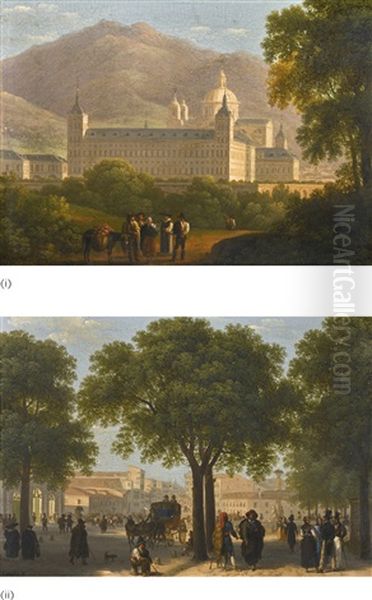 The Escorial; Paseo Del Prado, Madrid: A Pair Oil Painting by Giuseppe Canella