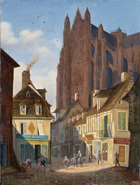 A Street In Chartres With The Cathedral In The Background Oil Painting by Giuseppe Canella