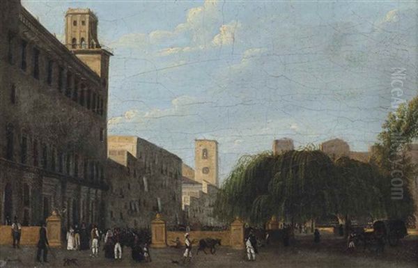 Figures In An Italian Square Oil Painting by Giuseppe Canella