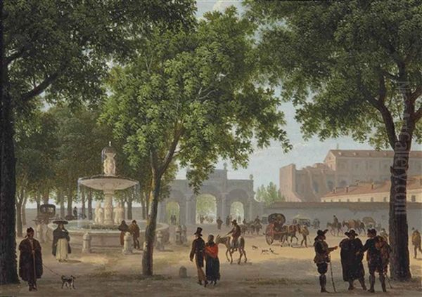 Le Paseo Del Prado, Avec La Fontaine De Cybele Oil Painting by Giuseppe Canella