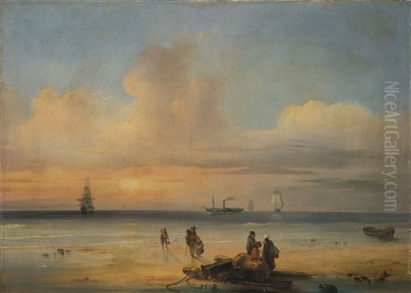 Veduta Di Una Spiaggia Con Battello A Vapore Oil Painting by Giuseppe Canella