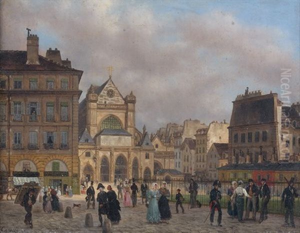 La Place Du Louvre Avec Saint-germain L'auxerrois Oil Painting by Giuseppe Canella