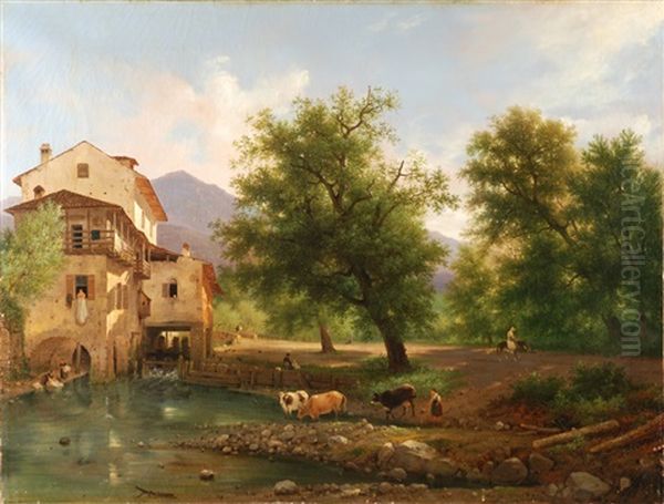 Paesaggio Lombardo Con Mulino Oil Painting by Giuseppe Canella