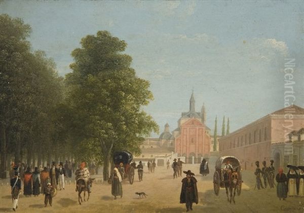 Vue Du Paseo De Recoletos Avec Le Couvent De Recoletos A Madrid Oil Painting by Giuseppe Canella