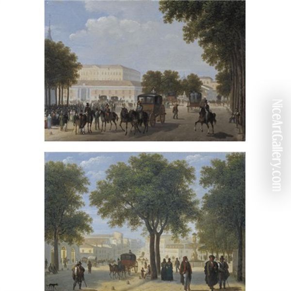 A View Of Calle Atocha, Madrid (+ A Possible View Of Paseo Del Prado, With The Cibeles Fountain Beyond, Madrid; Pair) Oil Painting by Giuseppe Canella