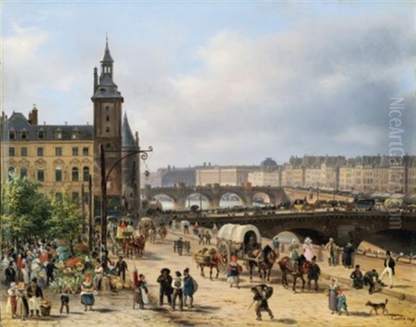 Paris, La Tour De L'horloge Et Le Marche Aux Fleurs Oil Painting by Giuseppe Canella