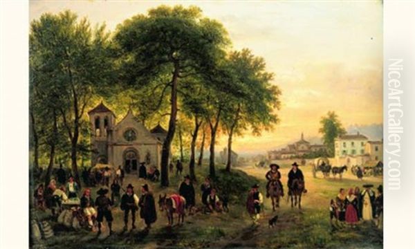 Reunion De Villageois Sur La Place De L'eglise Oil Painting by Giuseppe Canella