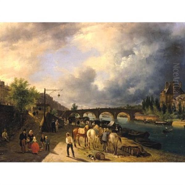 View Of The Seine's Left Bank And The Louvre, Paris Oil Painting by Giuseppe Canella