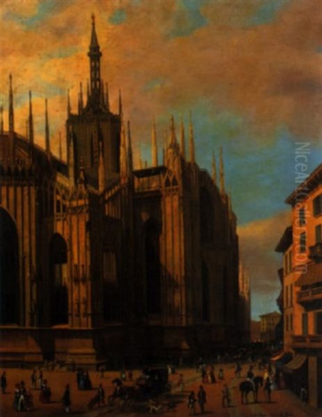 Milano, Passeggio Al Duomo Oil Painting by Giuseppe Canella