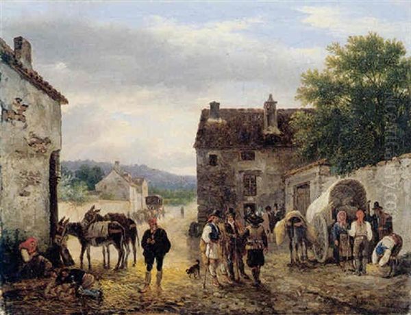 Scene With Figures And Donkeys Before A House Oil Painting by Giuseppe Canella