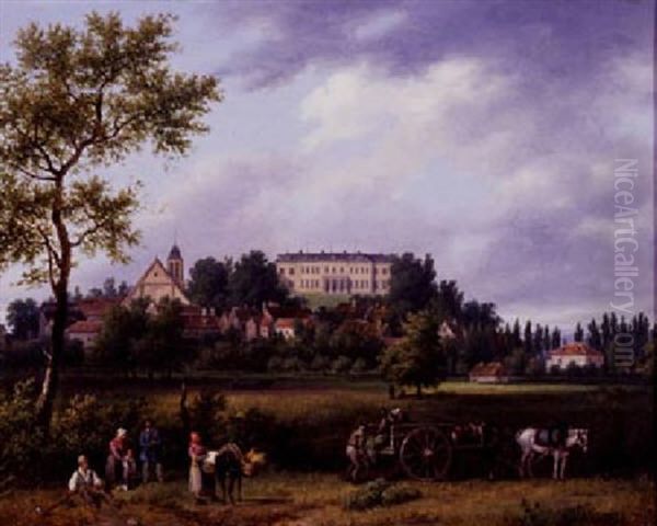 Landscape With Peasants Working In The Fields With A Town And A Manor House Beyond Oil Painting by Giuseppe Canella
