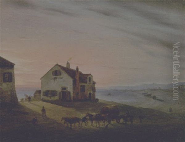 Costa Veneta Con Caseggiati E Diligenza Oil Painting by Giuseppe Canella