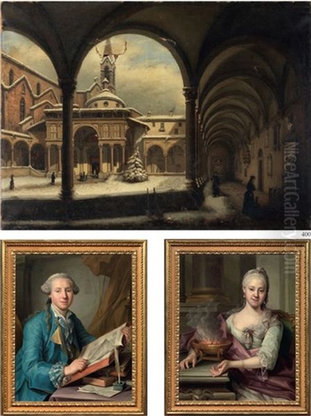 Il Chiostro Della Chiesa Di Santa 
Croce E La Cappella Pazzi Sotto La Neve Oil Painting by Carlo Canella