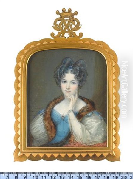 A Lady, Wearing Blue Dress With White, Sheer, Puff Sleeves With Blue Embroidery At The White Lace Cuff, Fur Stole Oil Painting by Giovanni Battista Canevari