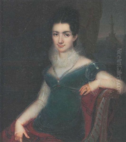 A Young Lady Holding A Book, Wearing A Green Dress, A Brooch At Her Corsage, A Red Shawl Draped On Her Lap, In The Distance Are Ships And The Lighthouse In Livorno Port Oil Painting by Giovanni Battista Canevari