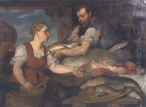 Fischmarkt - Fischhandler Und Fischhandlerin Oil Painting by Hans (Johann von Strasiripka) Canon