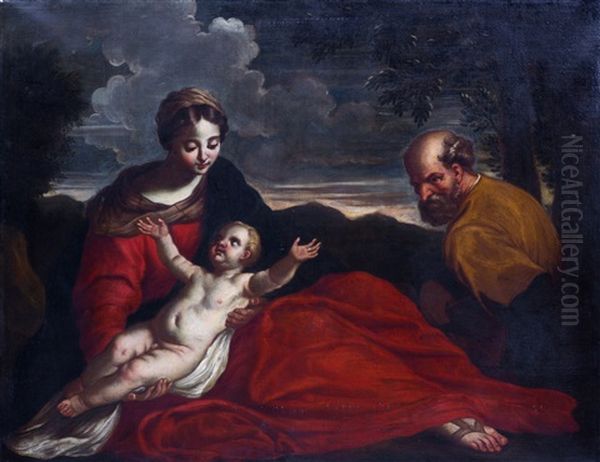 Le Repos De La Sainte Famille Pendant La Fuite En Egypte Oil Painting by Simone Cantarini (Pesarese)