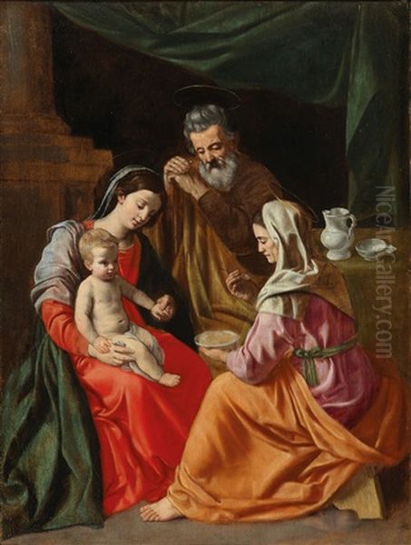 The Holy Family With Saint Anne (collab W/workshop) Oil Painting by Simone Cantarini (Pesarese)