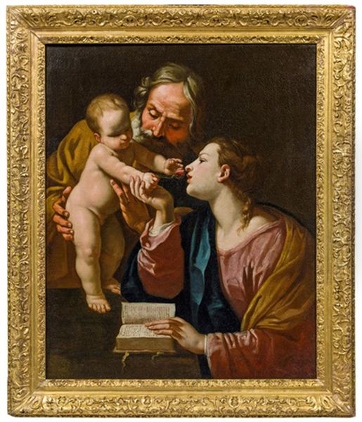 Heilige Familie - Der Heilige Joseph Halt Das Christuskind Wahrend Dieses Der Lesenden Maria Eine Rose Reicht Oil Painting by Simone Cantarini (Pesarese)