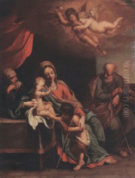 The Holy Family With Saint Anne And The Infant Saint John The Baptist Oil Painting by Simone Cantarini (Pesarese)