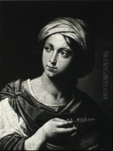 Woman With Turban Holding A Cup (artemesia Or Circe?) Oil Painting by Simone Cantarini (Pesarese)