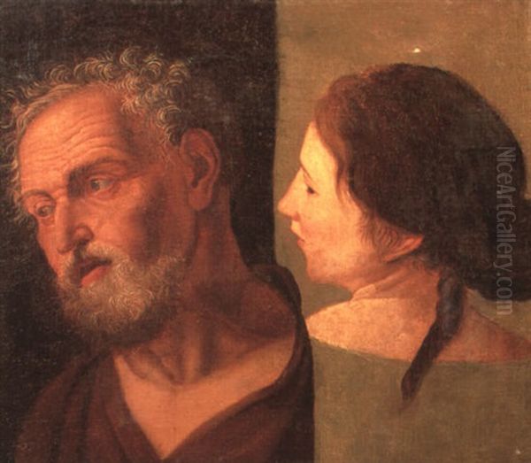 Double Study Of A Bearded Man And A Young Woman In Profile Oil Painting by Simone Cantarini (Pesarese)