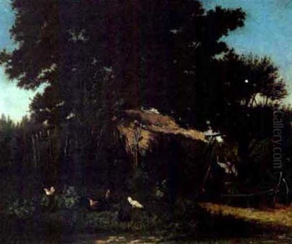 Thatched Roof Farm Shed With Farmer And Chickens Oil Painting by Alfred-Eugene Capelle