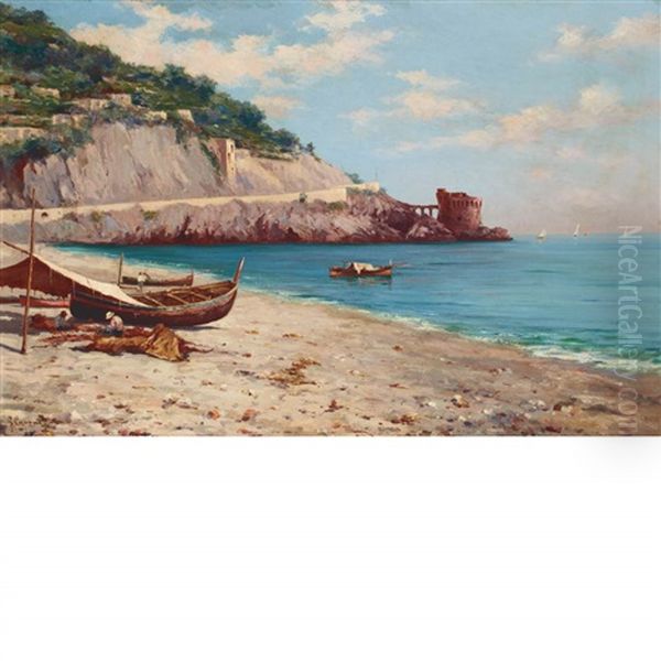Fisherman Along The Italian Coast Oil Painting by Gaetano Capone