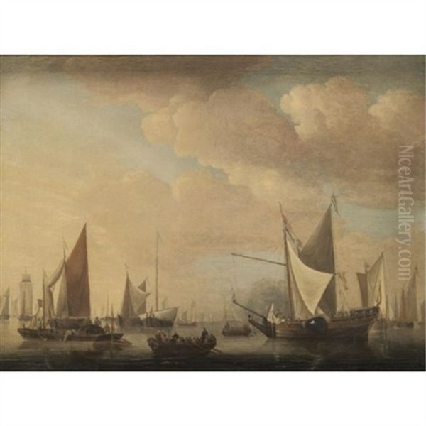 Dutch Shipping Moored In Calm Waters Oil Painting by Jan Van De Cappelle