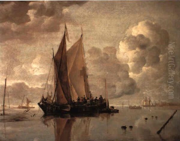 Shipping In Calm Waters Of An Estuary, A Harbor Town In The Distance Oil Painting by Jan Van De Cappelle