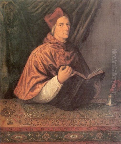 Portrait Of Cardinal Domenico Grimani (1461-1523), Seated   Three Quarter Length, Holding A Book Before A Table Oil Painting by Domenico CAPRIOLO