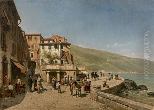 Scene Animee Sur Les Bords D'un Lac, Italie Oil Painting by Jacques Francois Carabain