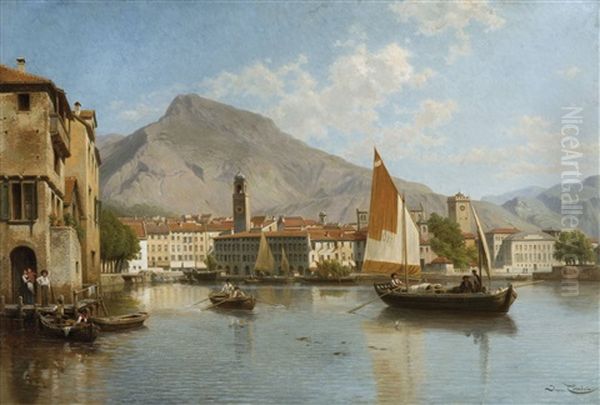 A View Of The Riva Village On The Shores Of Lake Garda (italy) Oil Painting by Jacques Francois Carabain