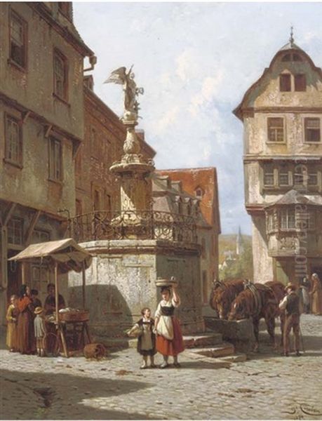 Une Fontaine A Bern-castel, Bords De La Moselle: A Town Square In Switzerland Oil Painting by Jacques Francois Carabain