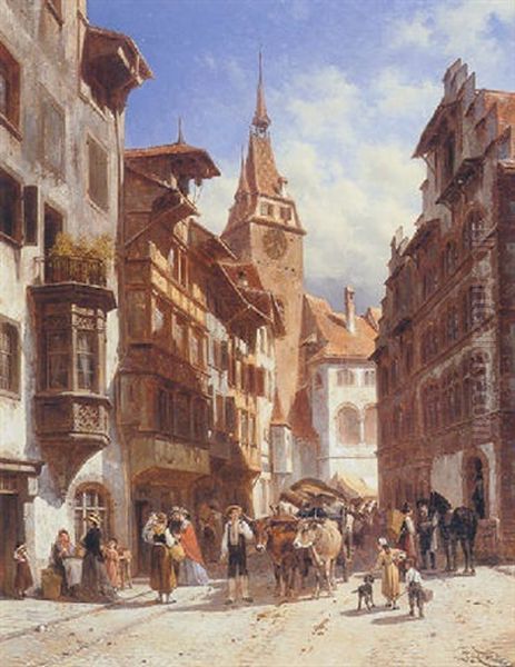 Figures In A Street In Zug, Switzerland Oil Painting by Jacques Francois Carabain