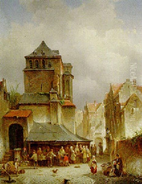A Bustling Marketplace Oil Painting by Jacques Francois Carabain