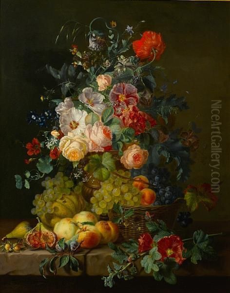 Still Life Of Fruit And Flowers On A Ledge Oil Painting by Amalie Kaercher