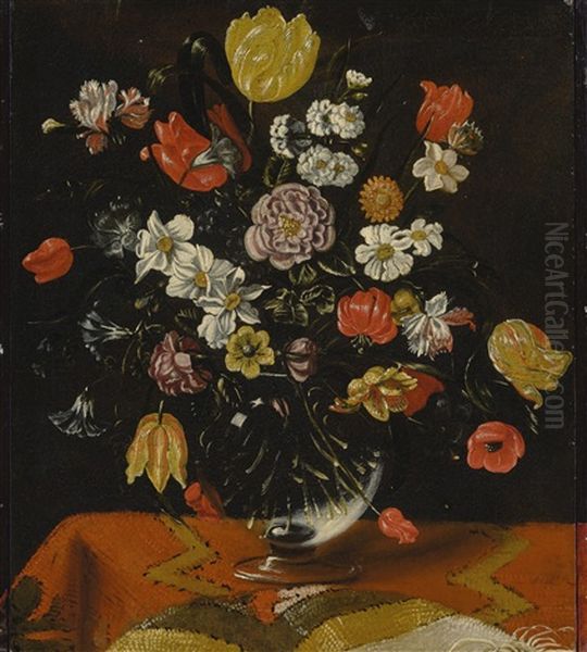 Vase Of Flowers On A Rug Covered Ledge Oil Painting by Michaelangelo Merisi Da Caravaggio