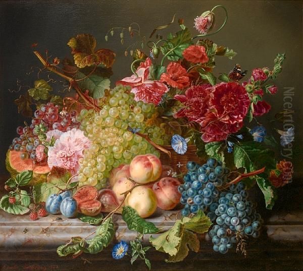 Still Life With Fruit And Flowers On A Ledge Oil Painting by Amalie Kaercher