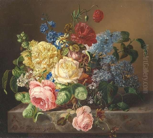 Still-life With Peonies In A Basket On A Pedestal Oil Painting by Amalie Kaercher