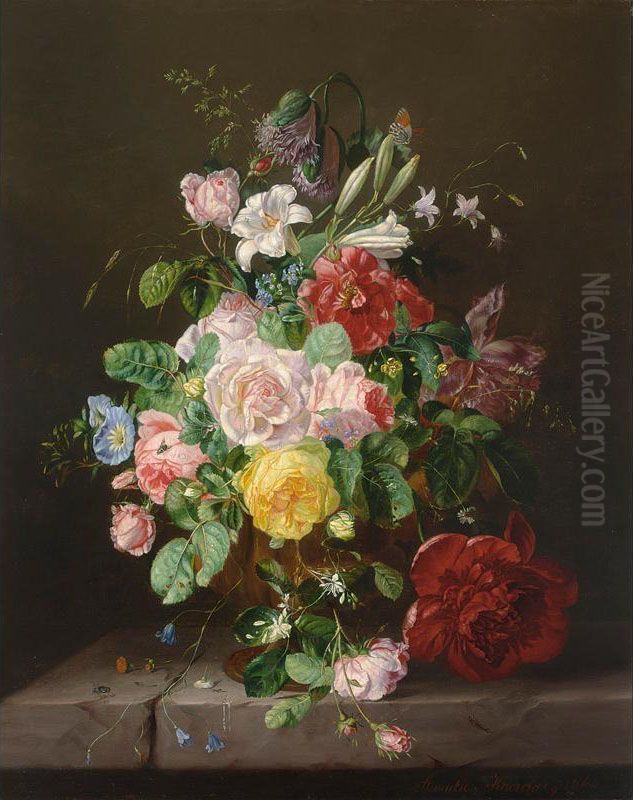 A Flower Still Life With Roses Oil Painting by Amalie Kaercher